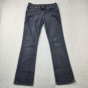 Guess Jeans Women's 30 Black Wide Leg Embroidered Floral Flowers Y2K Boot Cut